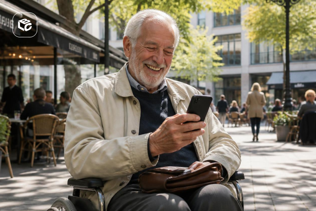 Homem sorridente em cadeira de rodas usando celular em um café ao ar livre.