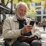 Homem sorridente em cadeira de rodas usando celular em um café ao ar livre.