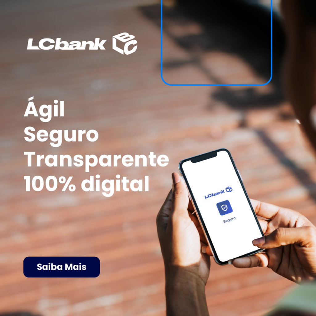 Logo LCbank e celular exibindo app de banco digital seguro e transparente.